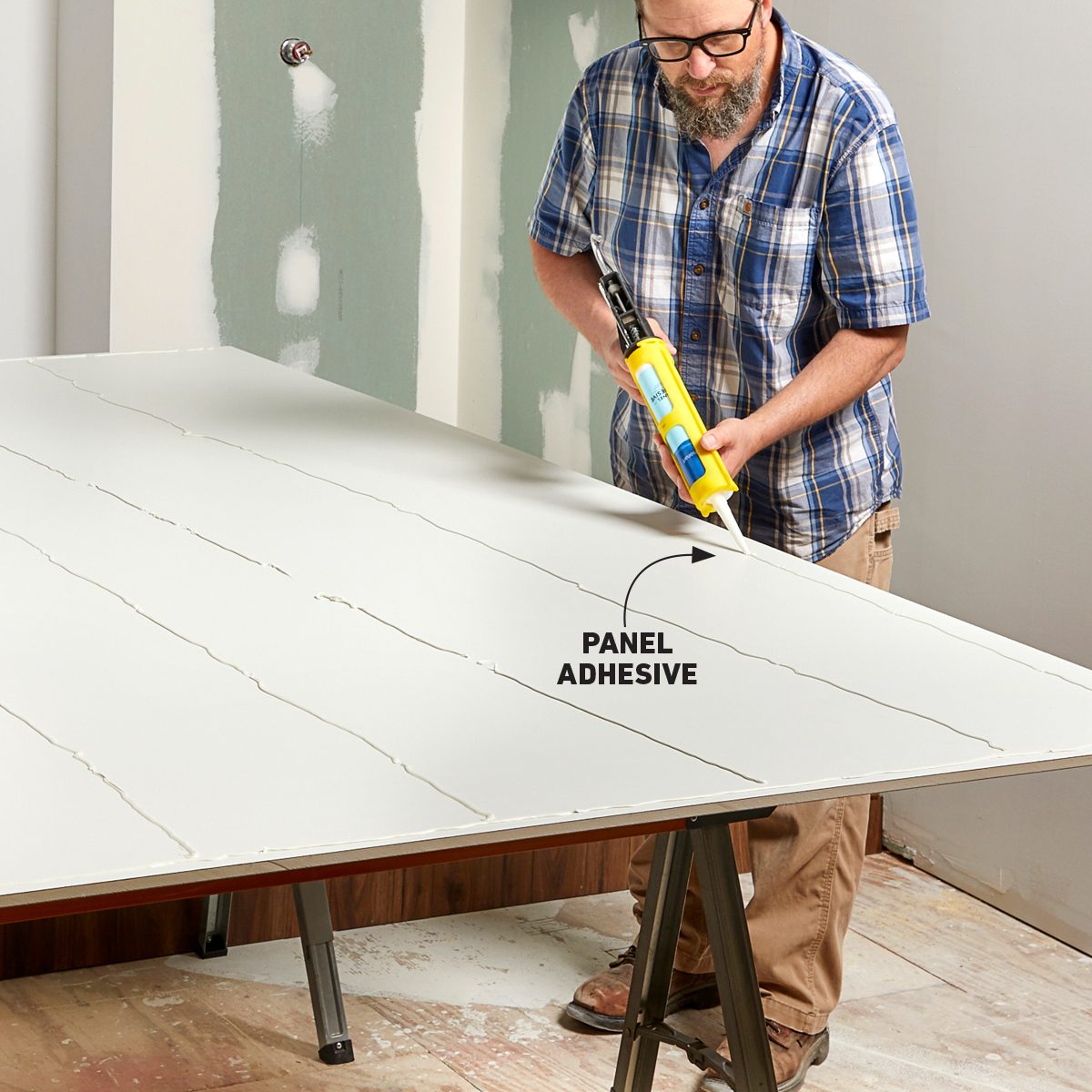 Applying panel adhesive using denatured alcohol