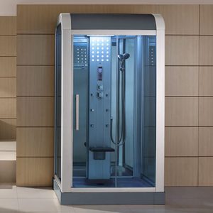 A modern shower unit stands in a minimalist setting with wooden paneling, featuring glass doors, a showerhead, and a built-in seat inside.