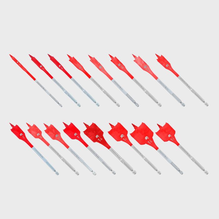 A set of red-tipped drill bits arranged neatly in rows, ready for use in drilling tasks, against a plain white background.