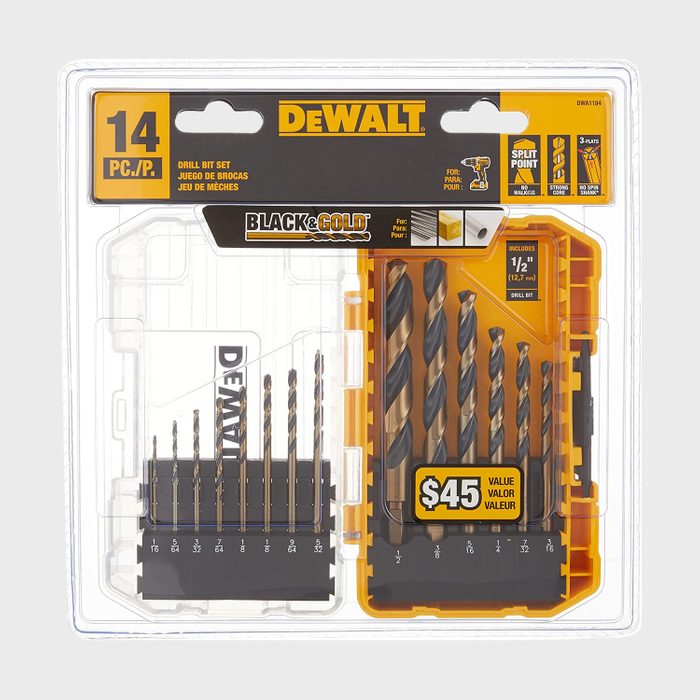 A transparent plastic packaging contains a 14-piece drill bit set, featuring metallic drill bits organized in two compartments. The brand displayed is DEWALT.
