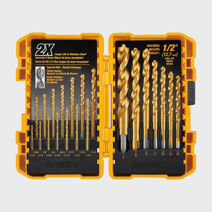 A case containing multiple drill bits is open, displaying various sizes and styles, labeled for convenient access, set against a neutral background.