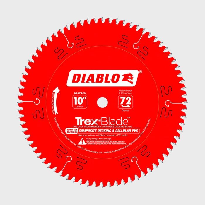 A circular saw blade with a red surface and 72 teeth is designed for cutting composite decking, labeled 