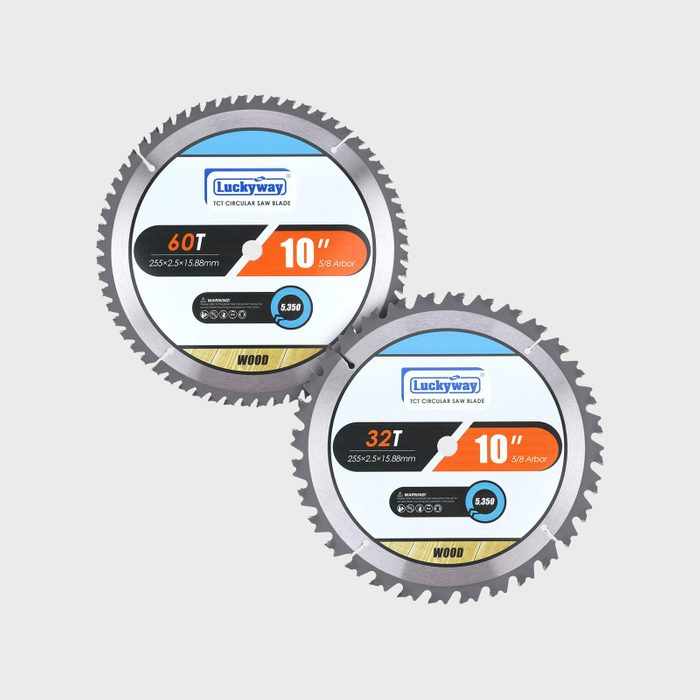 Two circular saw blades are displayed, labeled with specifications for teeth count and size, set against a plain background.