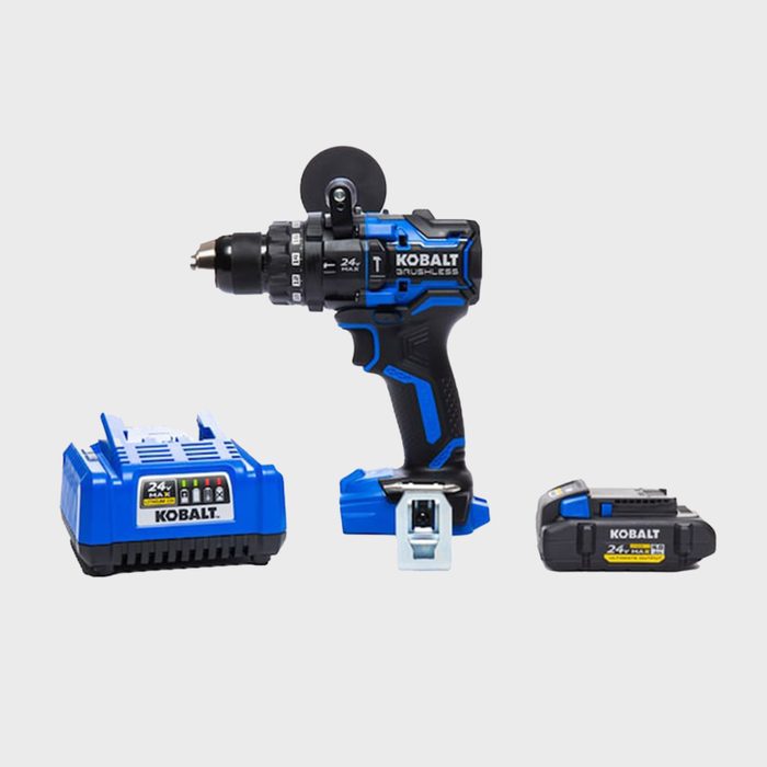 A blue cordless drill is displayed alongside a battery and charger. The drill features a chuck and adjustable settings for various tasks.