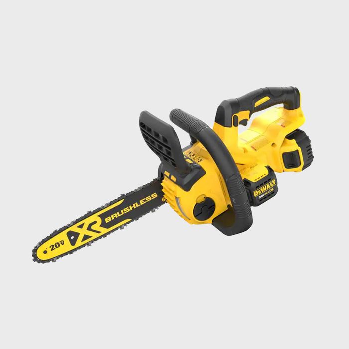 A yellow electric chainsaw rests on a neutral background, showcasing its saw blade and ergonomic handle, designed for efficient cutting in outdoor tasks.