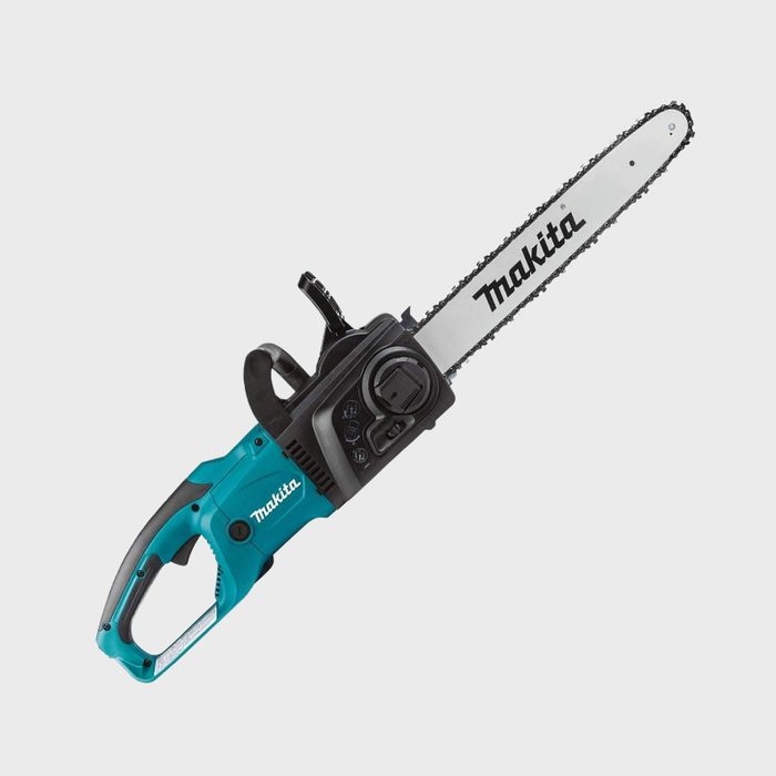 A Makita chainsaw, featuring a metal blade, is positioned horizontally, showcasing a teal and black body with control buttons, set against a plain background.