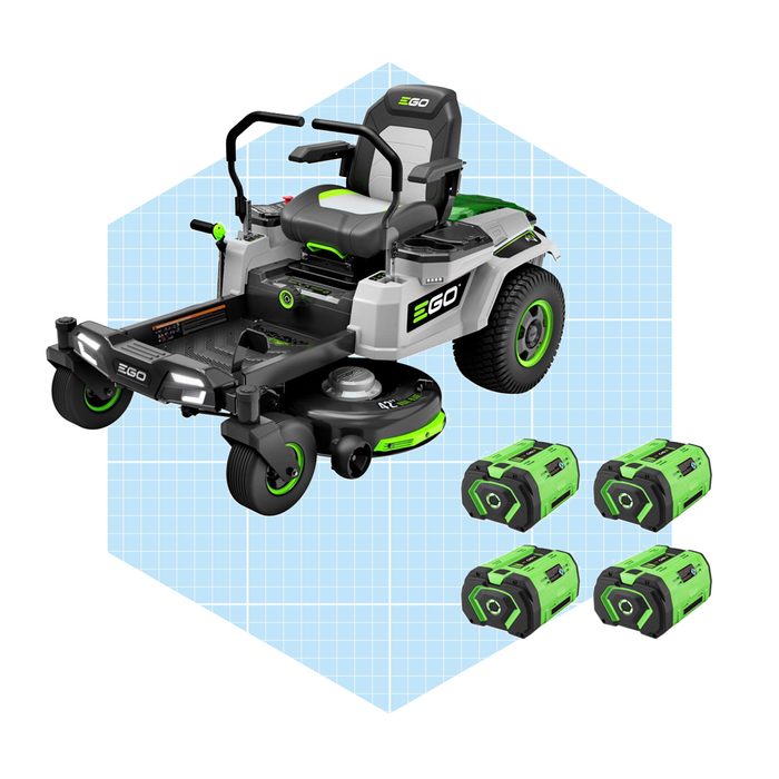 A zero-turn lawn mower with four batteries is displayed on a grid-patterned background, highlighting its electric features and ergonomic design.