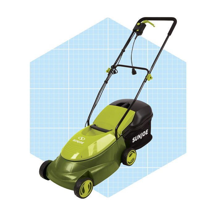 A green electric lawn mower is displayed, positioned against a light blue grid background, showcasing its design and features.