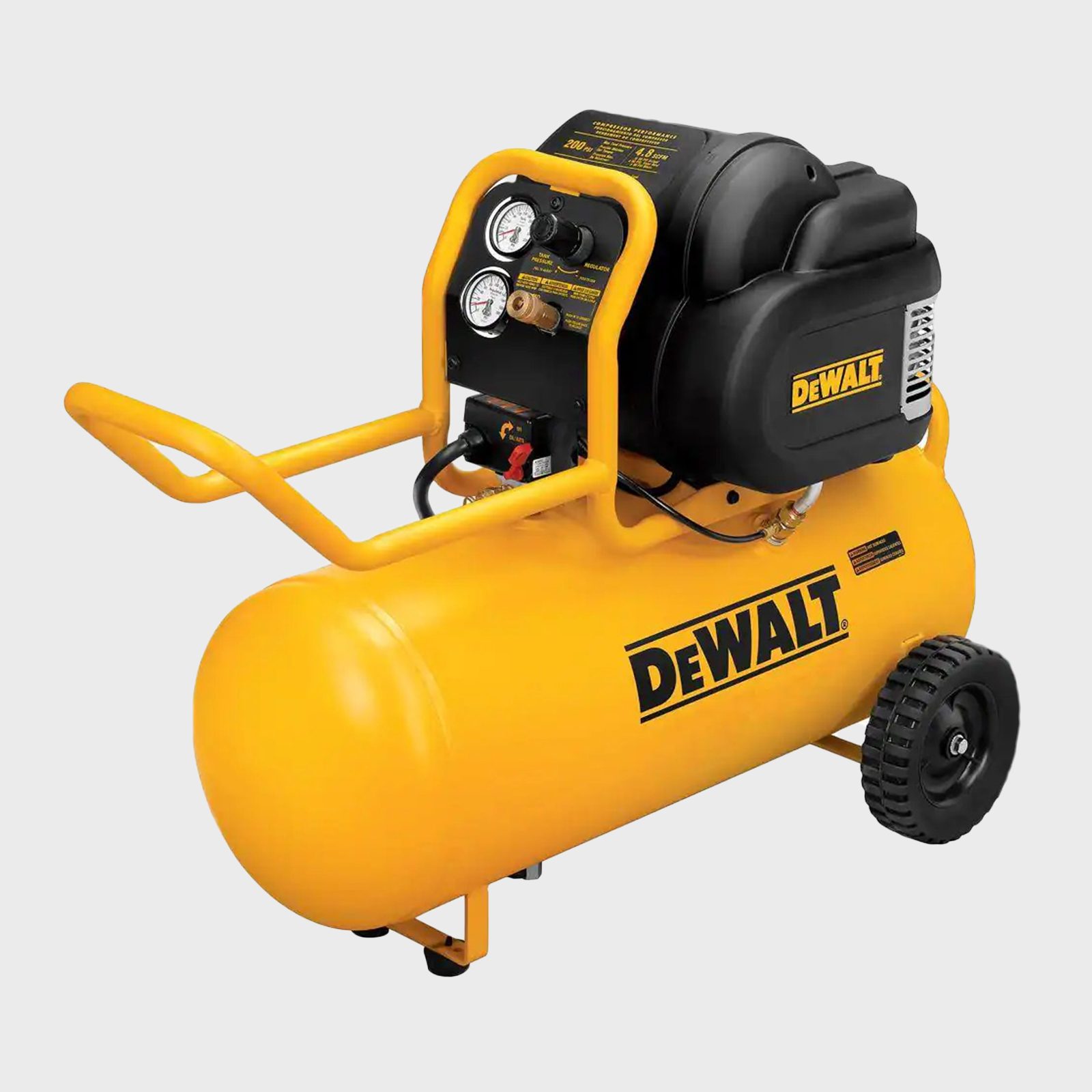 A yellow air compressor with a black motor operates, featuring pressure gauges and controls, set against a plain backdrop.
