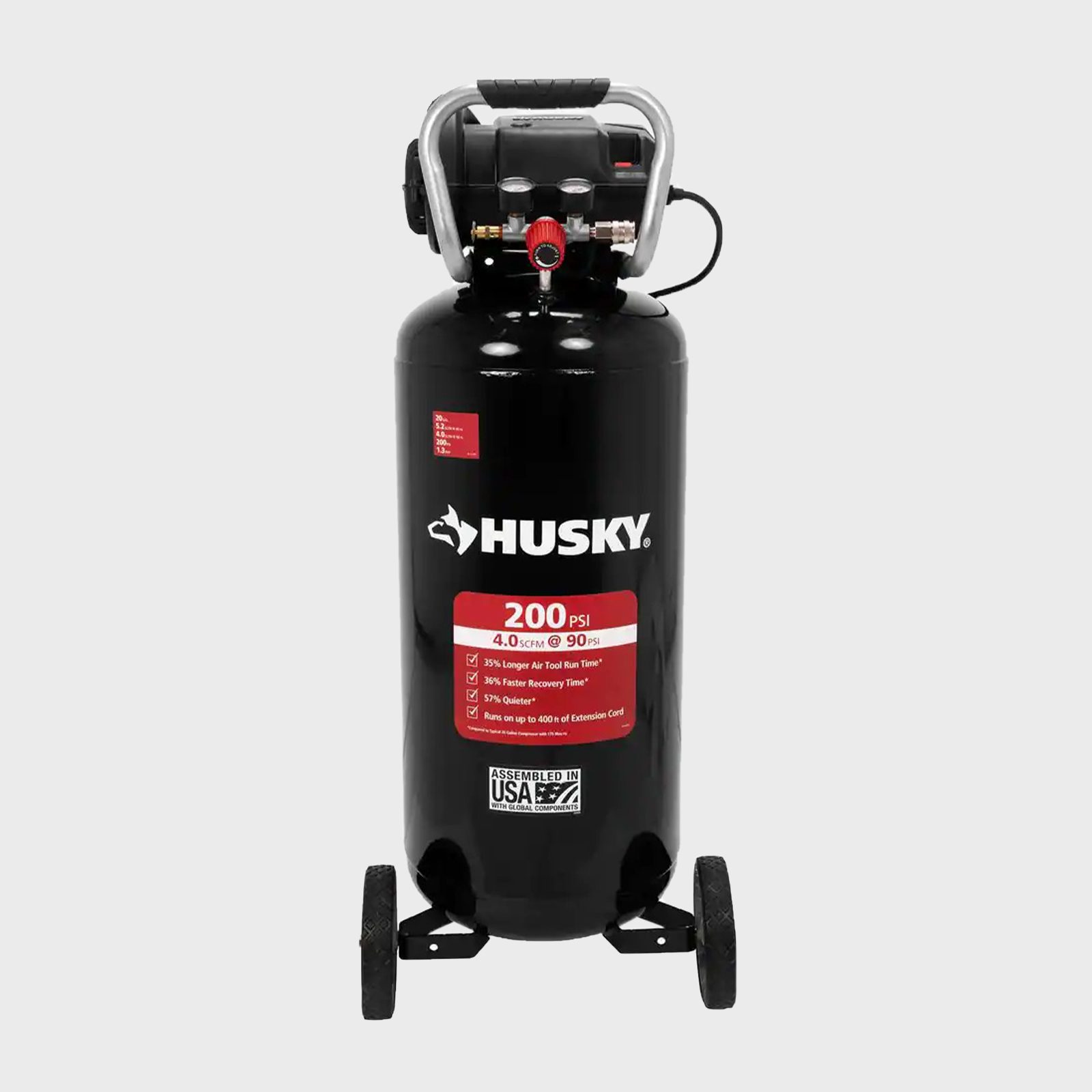 A black air compressor stands upright, equipped with wheels and a handle. It displays pressure specifications, surrounded by a neutral gray background.