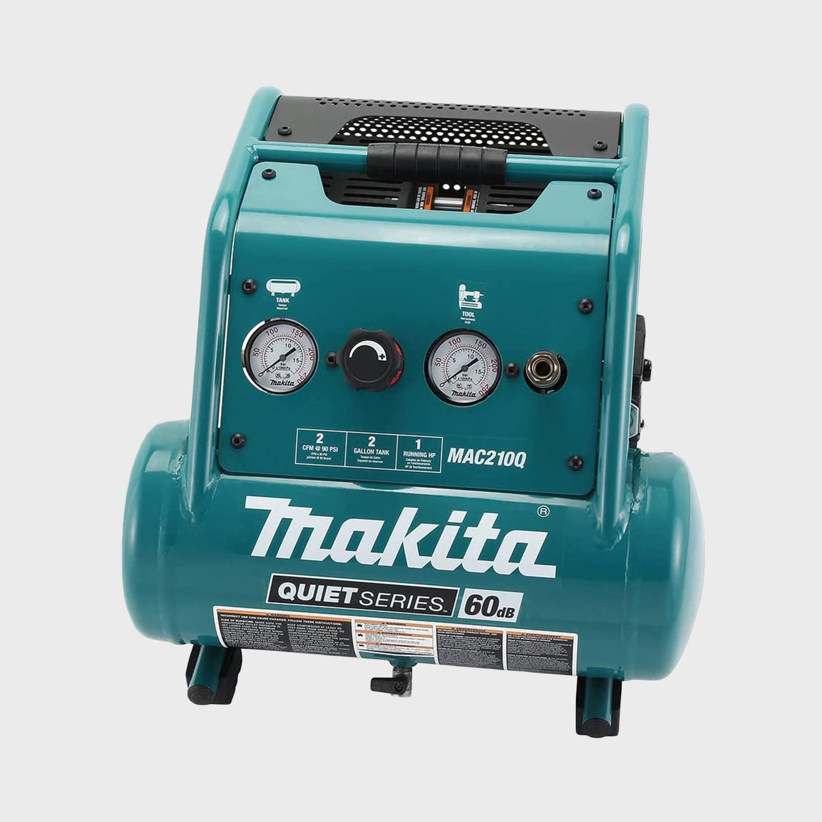 A compact, turquoise air compressor features pressure gauges and controls, designed for quiet operation, typically used in workshops or for home projects.