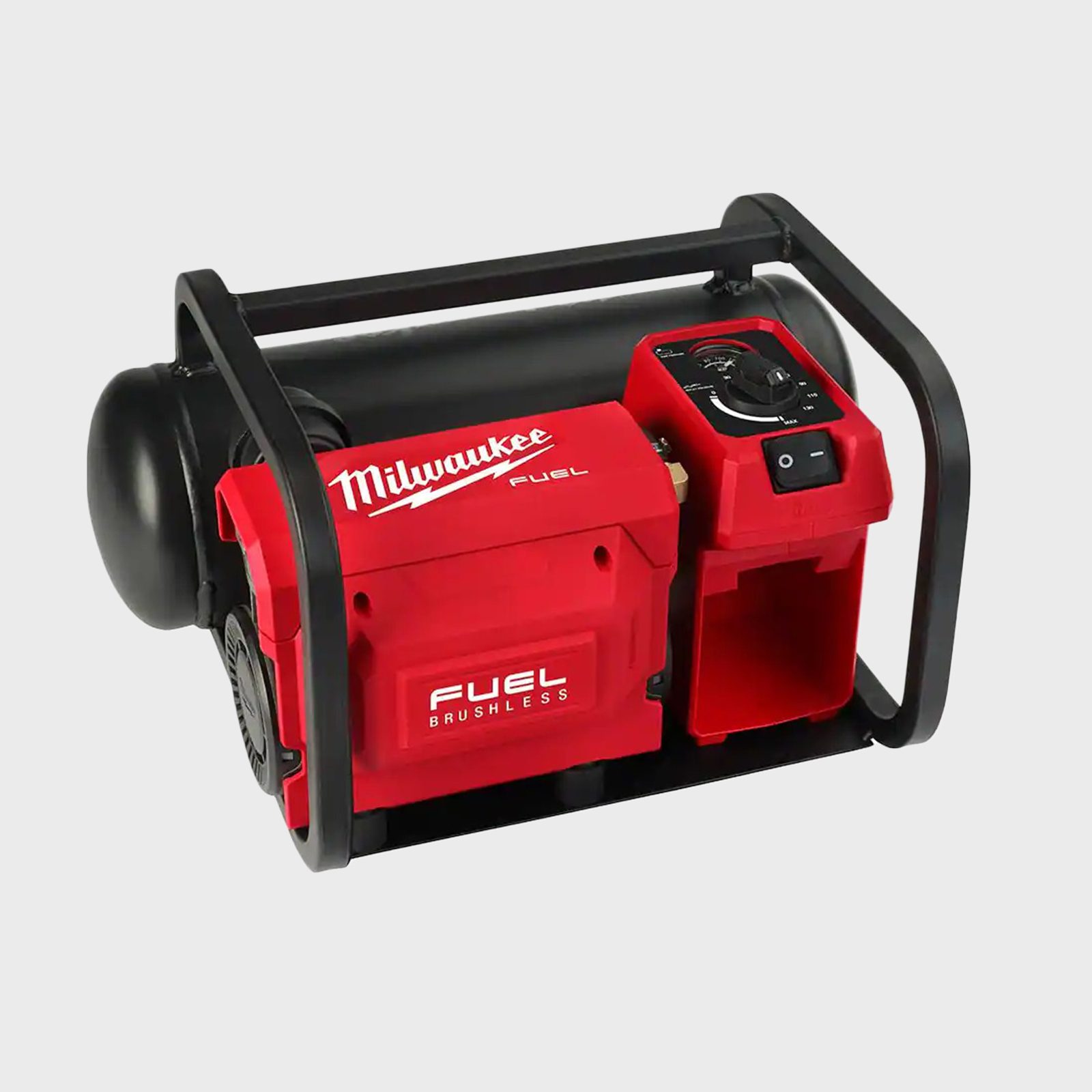 A red and black cordless air compressor sits on a sturdy frame, featuring control knobs and a battery compartment for efficient, portable use.