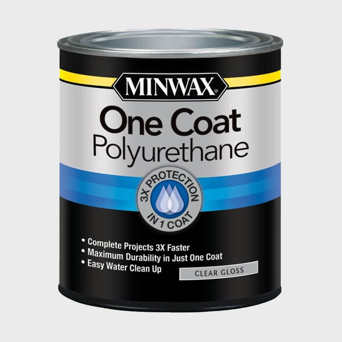 A can of Minwax One Coat Polyurethane sits upright, labeled for clear gloss, promoting quick, durable project completion with easy cleanup.