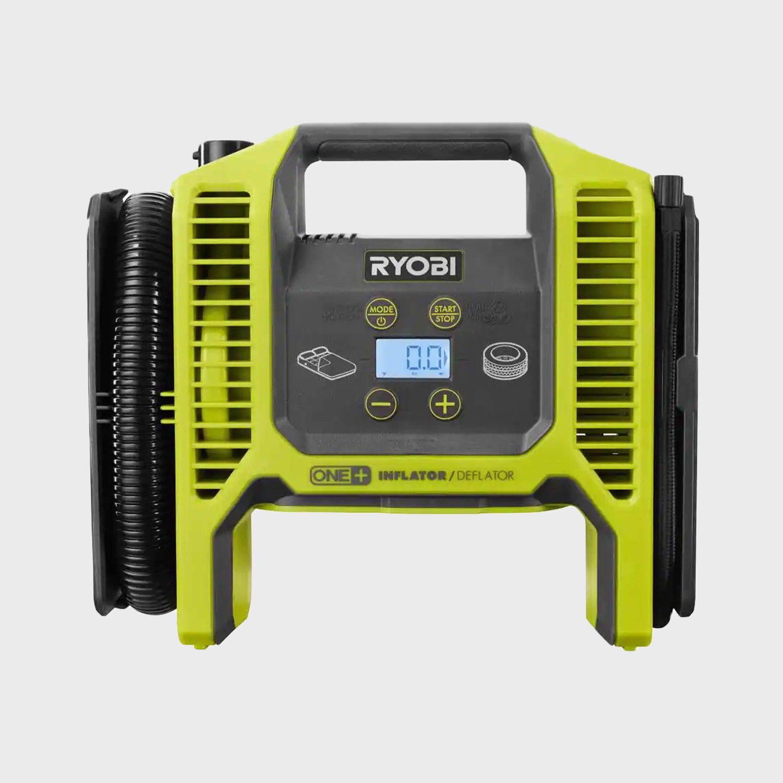 A compact, bright yellow inflator with a digital display is designed for inflating and deflating items, featuring buttons for mode selection and start/stop control.