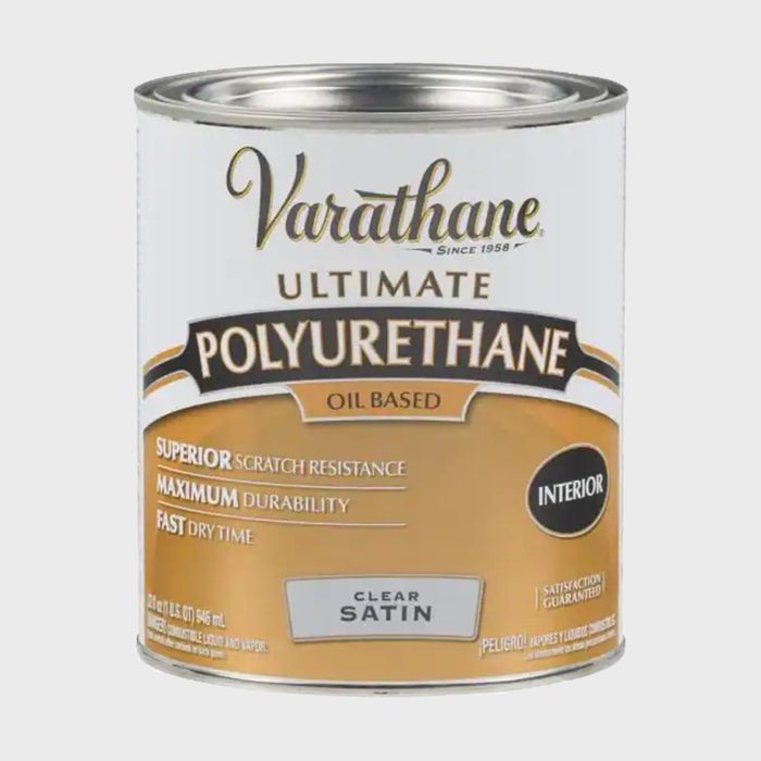 A can of Varathane polyurethane rests upright. It