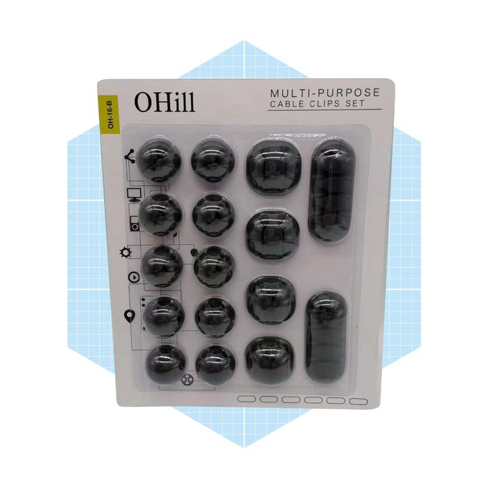 A pack of black multi-purpose cable clips is displayed, arranged in a grid on a white backing with graphic symbols, against a light blue background.