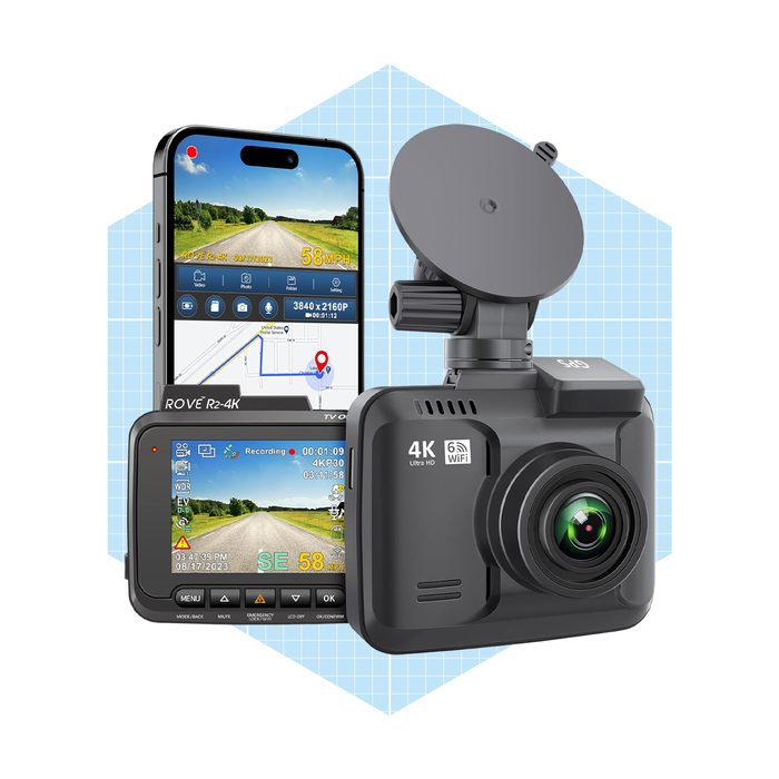 A dashcam displays a road scene, showing speed and recording status, alongside a smartphone with navigation details in a blue grid background.