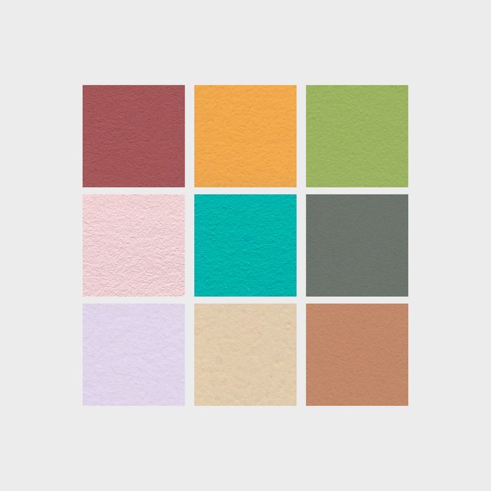 Nine textured color squares are arranged in a 3x3 grid, showcasing shades of red, orange, green, pink, turquoise, gray, white, beige, and brown.