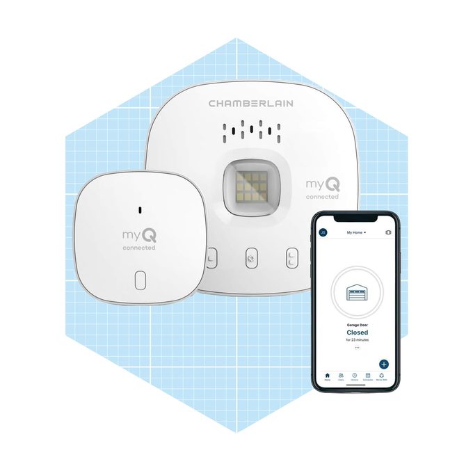 A smart garage control system consists of a main control unit, a sensor, and a smartphone displaying garage door status. All are on a light blue background.