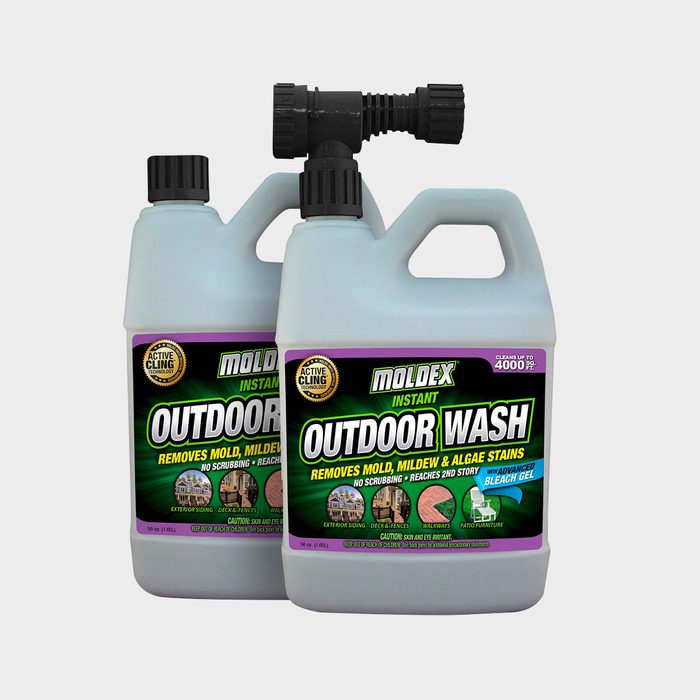Two containers of Moldex Instant Outdoor Wash, designed for cleaning mold and algae, are positioned together with a sprayer attachment on top.