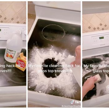A person pours vinegar onto a glass stove top, adding baking soda, and scrubs with a sponge, demonstrating a cleaning hack in a kitchen setting.