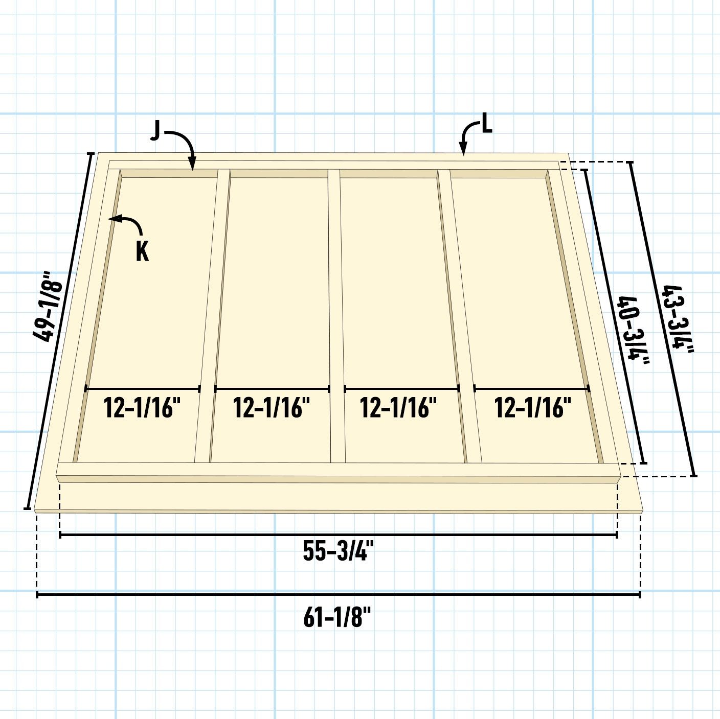 A detailed blueprint shows a rectangular structure with labeled dimensions and sections divided into four equal parts, set against a grid background.