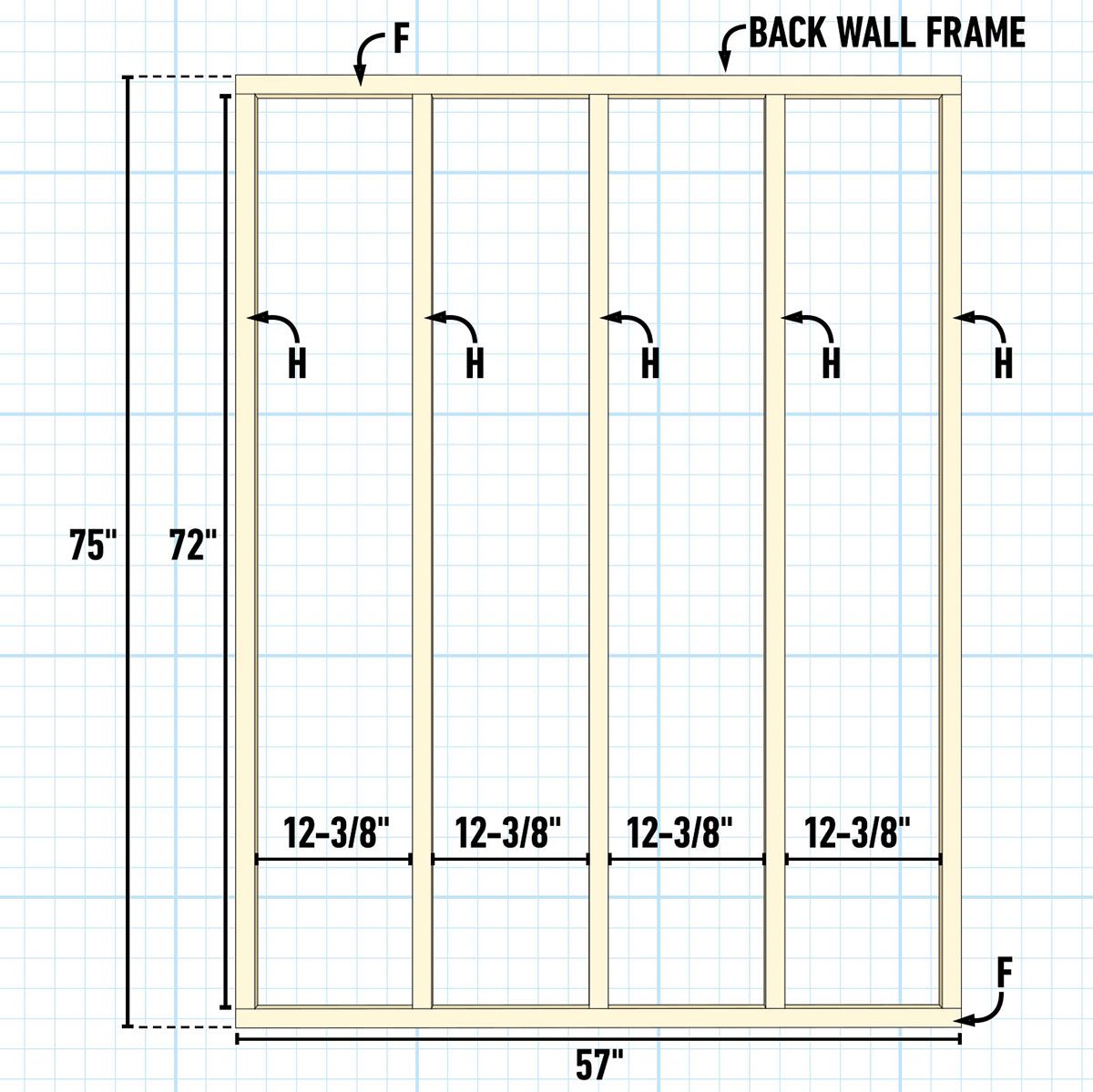 A blueprint illustrates a back wall frame, with dimensions and assembly details outlined. Vertical and horizontal lines indicate measurements and sections.