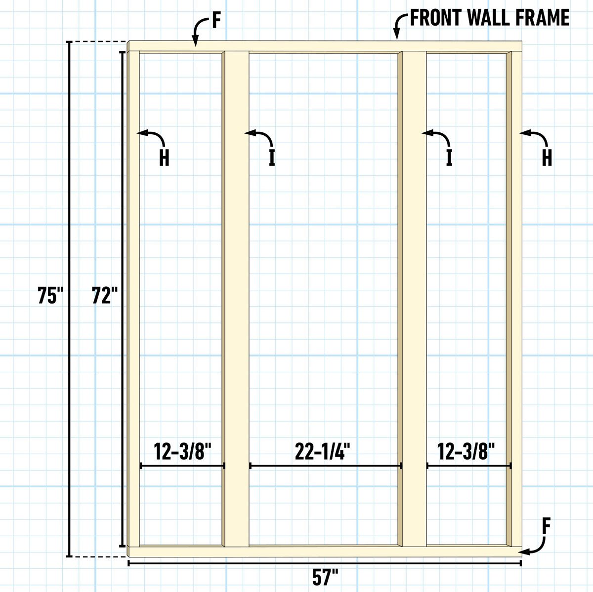 A framed structure displays measurements for a wall, indicating dimensions and placement of vertical supports against a grid background.