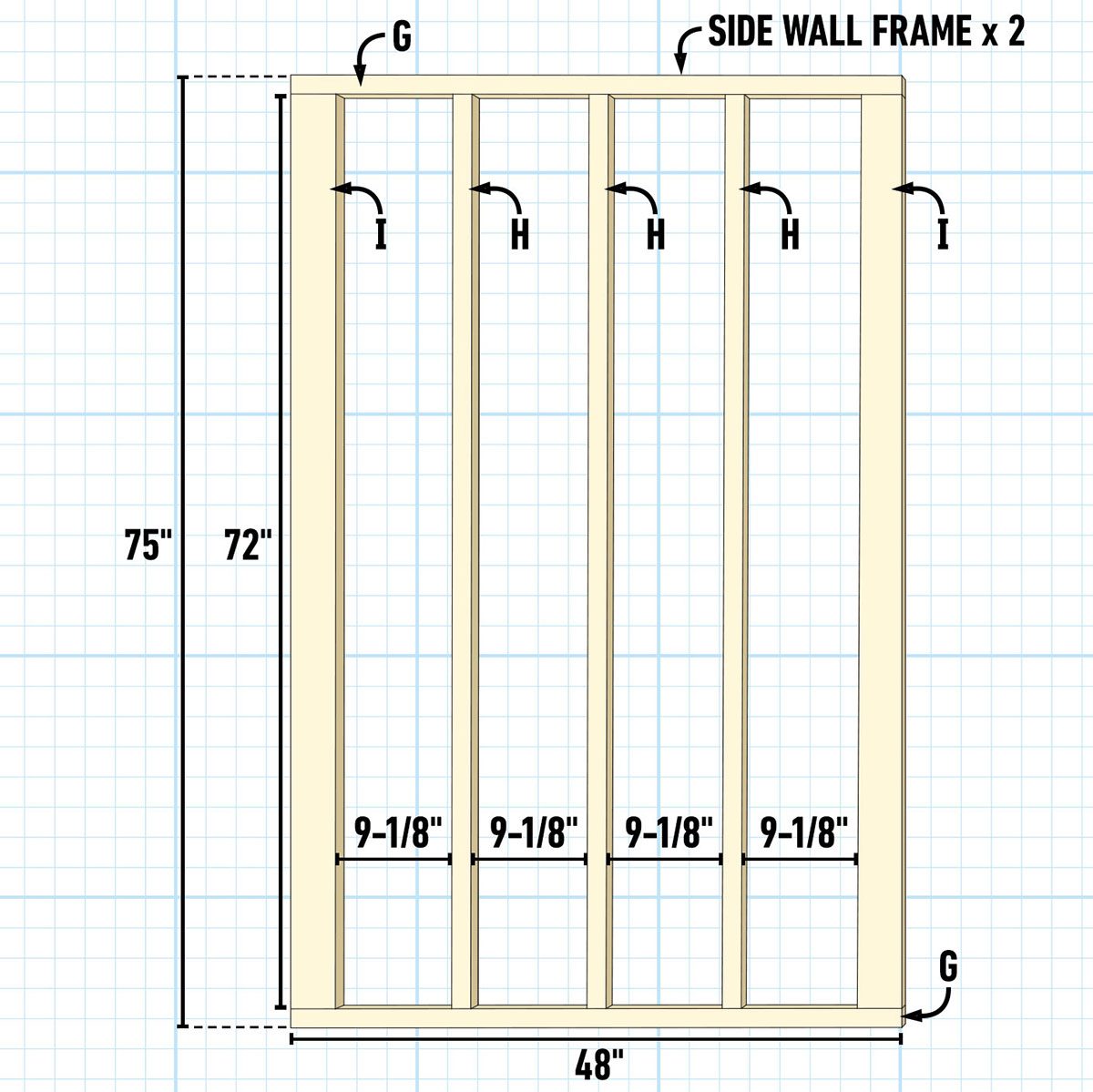 A side wall frame is illustrated, featuring vertical wooden studs spaced evenly, with labeled dimensions and annotations on a grid background for construction guidance.