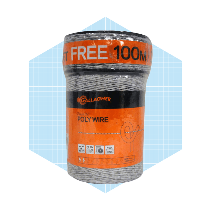 A cylindrical spool of poly wire is unwound for fencing, set against a light blue geometric background, emphasizing its practicality and utility in agricultural settings.