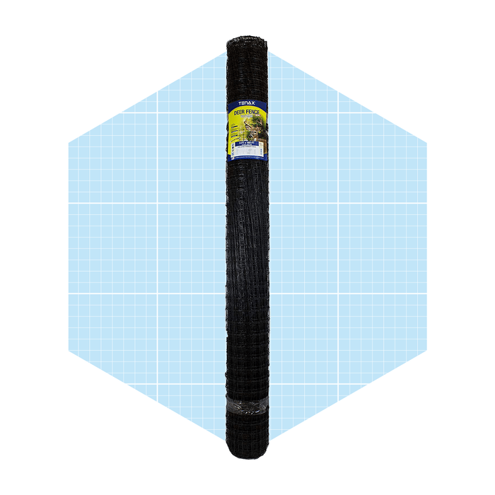 A roll of black deer fence stands upright against a light blue grid background, showcasing its design intended for enclosing areas and protecting gardens.
