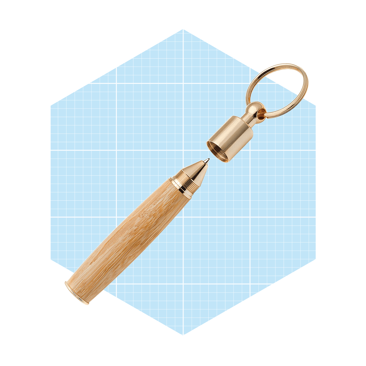 A bamboo pen with a gold tip and a removable cap is displayed against a light blue grid background, showcasing its sleek design and functionality.