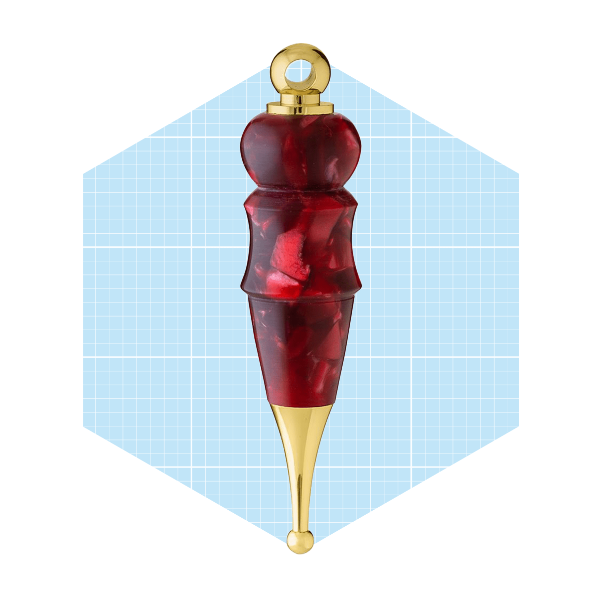 A red pen with a gold tip and a circular top stands vertically against a light blue, grid-patterned background.