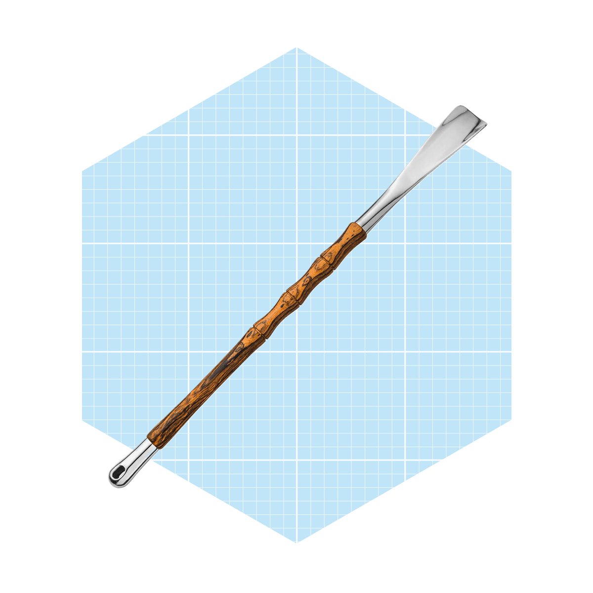 A sleek metal spatula with a wooden handle is positioned vertically against a light blue grid background, suggesting a culinary tool for cooking or flipping.