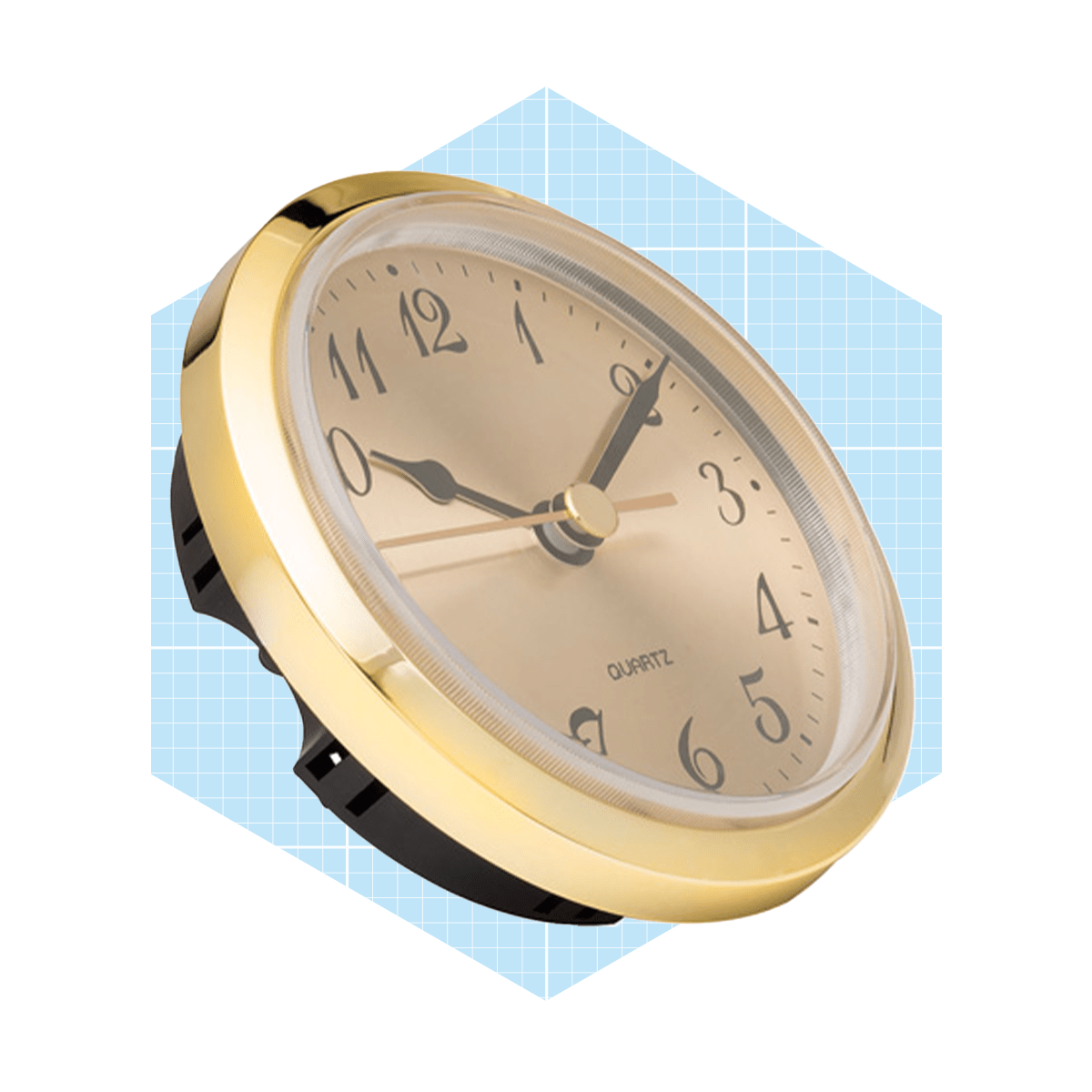 A round, gold-framed wall clock displays time with black hands on a light background, positioned against a geometric blue grid.