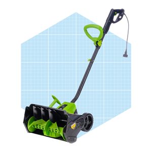 An electric snow thrower stands upright, featuring a green handle and a black body, on a light blue grid background.