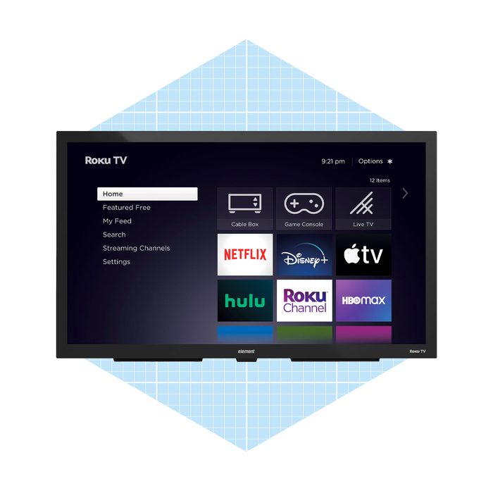 A Roku TV displays a home screen with menu options, including apps like Netflix, Hulu, and Disney+, against a light blue geometric background.