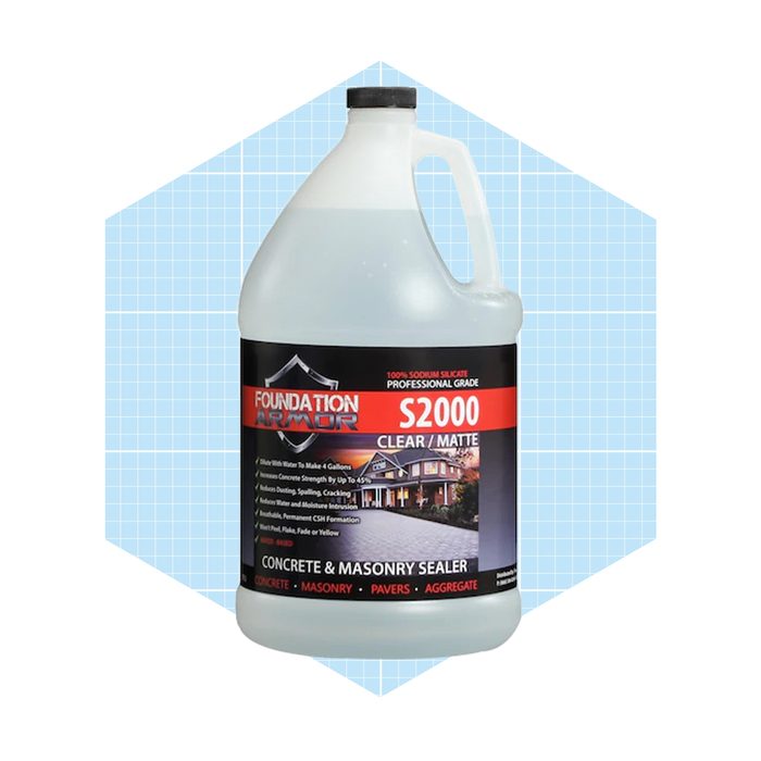 A clear, matte concrete and masonry sealer in a large jug displays product information and usage instructions, set against a light blue grid background.