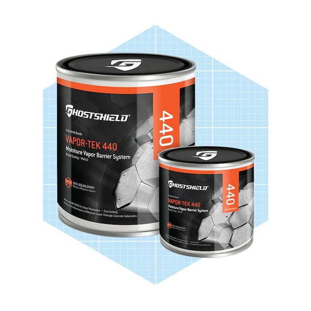 Two paint cans labeled "GHOSTSHIELD VAPOR-TEK 440" feature a moisture vapor barrier system. They rest against a light blue grid background, indicating a professional product.