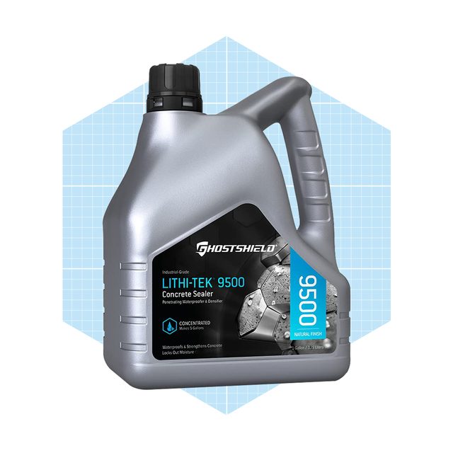 A silver container labeled "LITHI-TEK 9500 Concrete Sealer" stands prominently against a light blue grid background, indicating its purpose as a concrete waterproofing agent.