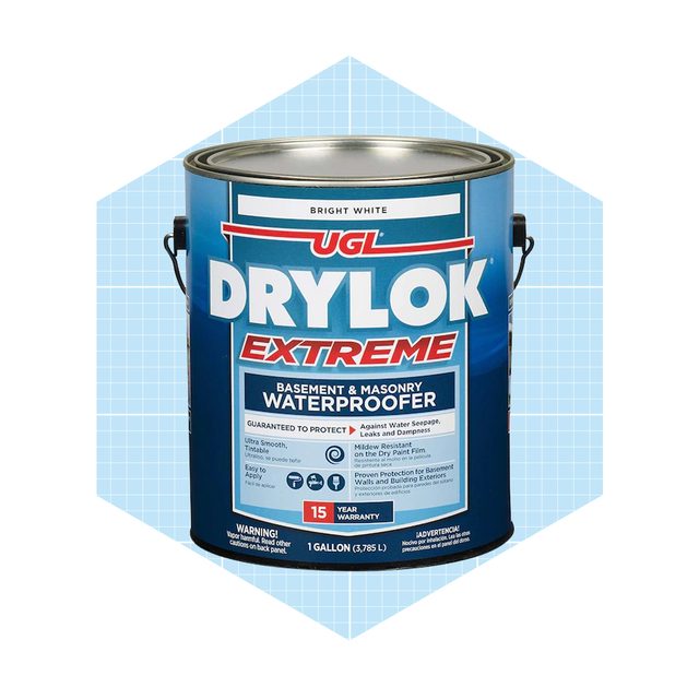 A blue paint can labeled "U.D.L. DRYLOK EXTREME" stands upright, indicating it's a waterproofing product for basements and masonry, set against a light blue hexagonal background.