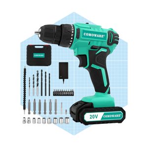 A teal cordless drill rests prominently, surrounded by various drill bits and accessories, all set against a light blue grid background.