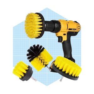 A cordless power drill with yellow and black brush attachments is displayed, emphasizing cleaning functionality against a light blue geometric background.