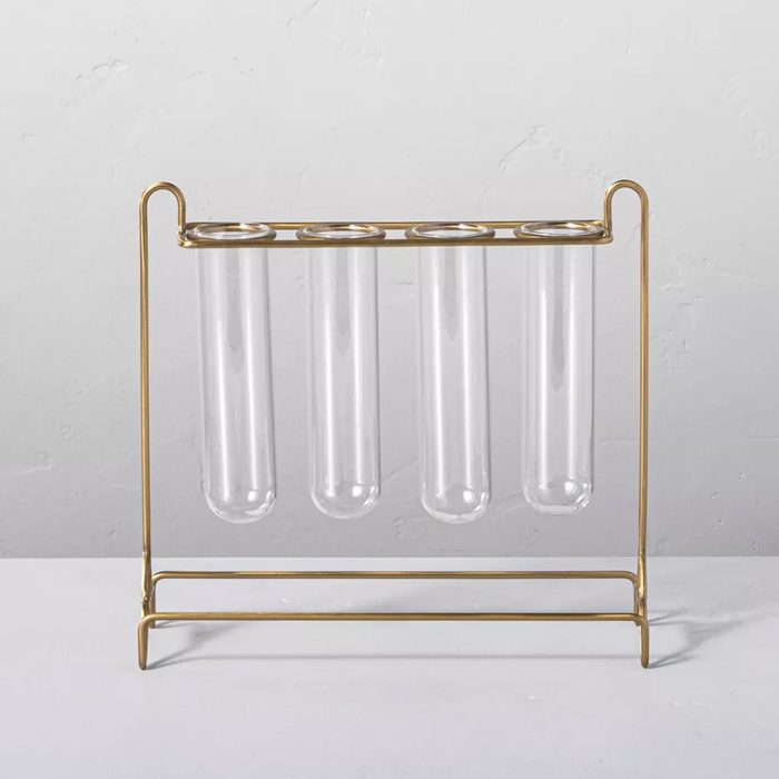 A stand holds four clear glass test tubes upright, showcasing a laboratory style, against a simple, light-colored background.