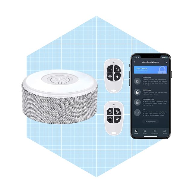 A security device emits sound, while remote controls and a smartphone display settings for various alarm modes on a light blue background.