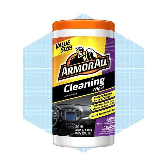 A cylindrical container labeled "Armor All Cleaning Wipes" is displayed, emphasizing powerful auto surface cleaning, surrounded by a light blue geometric background.