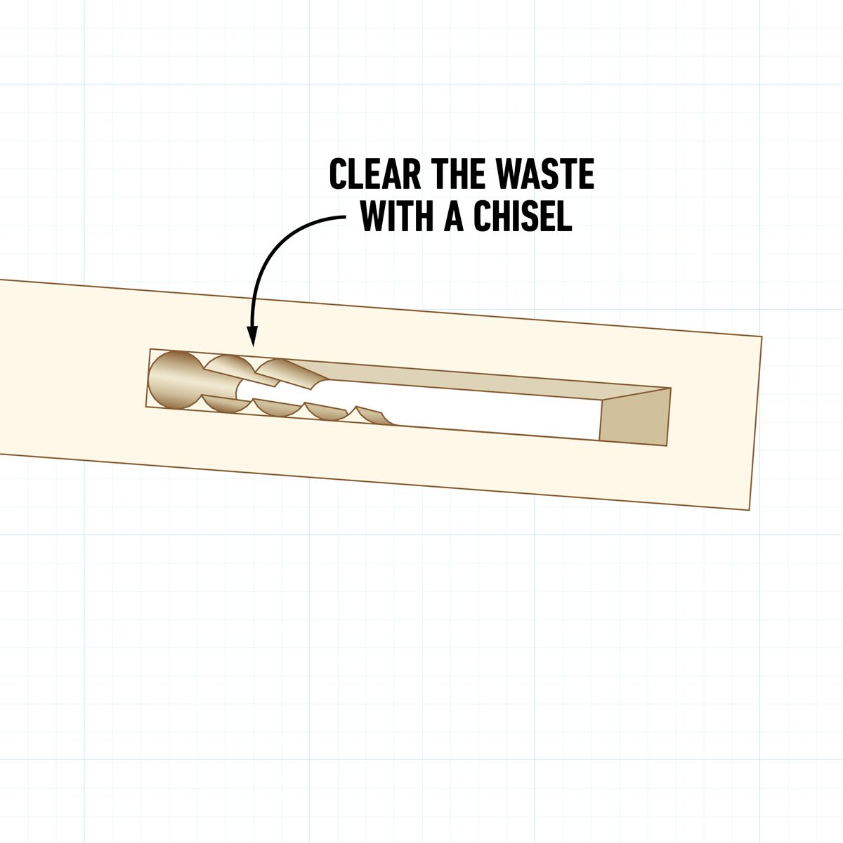 A chisel is clearing waste material from a grooved area in a wooden block, surrounded by a grid-like background.
