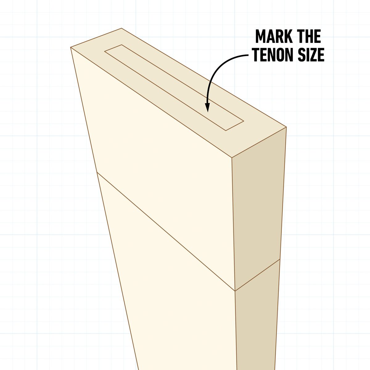 A wooden block displays a groove on top, with an arrow indicating to "MARK THE TENON SIZE," set against a graph paper background.