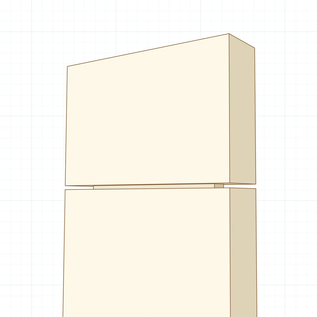 A beige refrigerator stands upright, closed, against a grid-patterned background, designed for food storage and cooling.