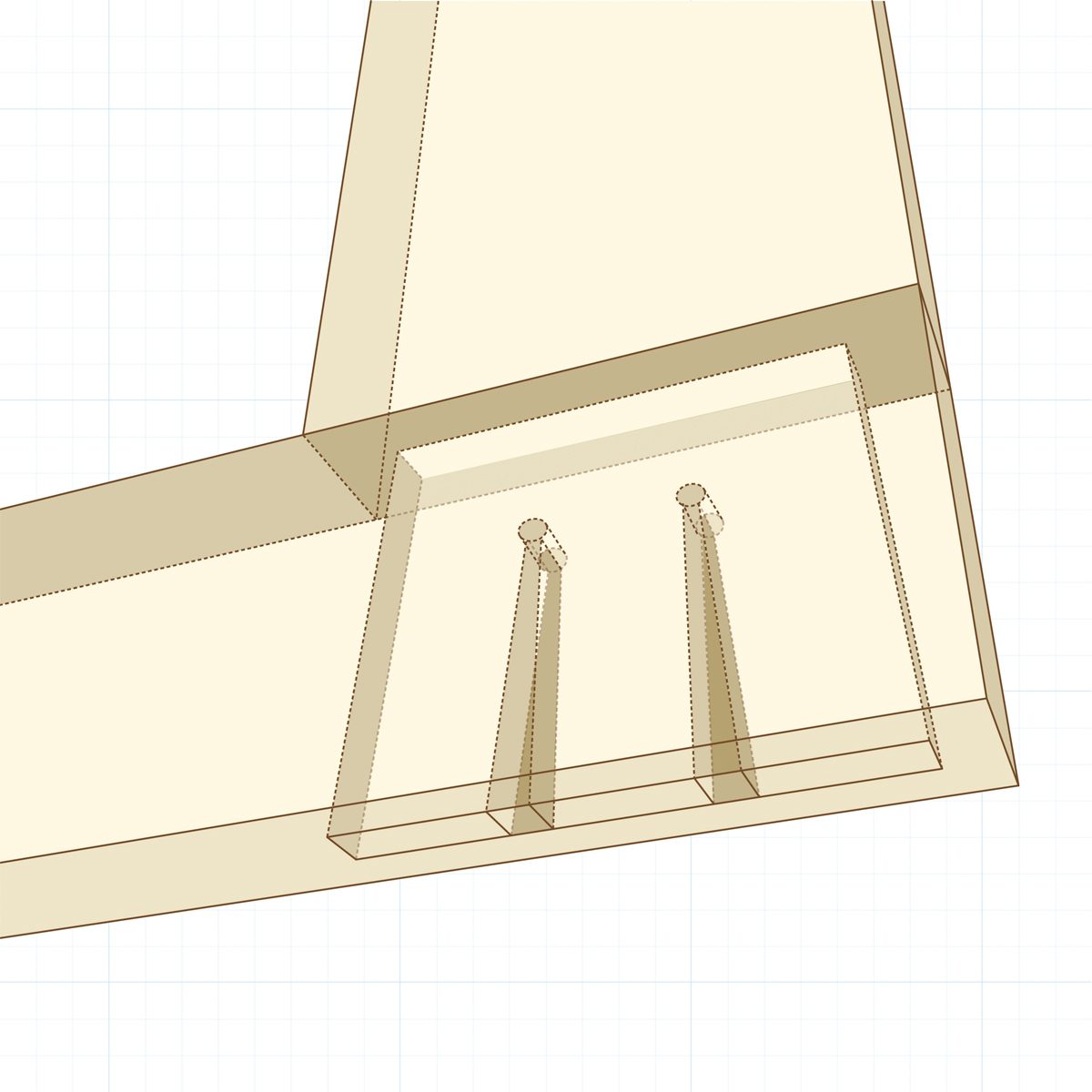 A detailed 3D model of a wood joint shows two rectangular pieces connected at a right angle, featuring grooves for alignment in a grid background.